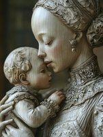 Carved ivory sculpture depicting a woman in Renaissance attire holding an infant child, featuring intricate period costume details and ornamental jewelry work.