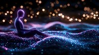 Glowing purple silhouette meditating on sparkling cosmic waves with bokeh lights background creates mystical atmosphere for spiritual and wellness designs.