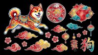 Festive Chinese New Year Shiba Inu dog clipart set with lanterns, clouds, flowers, and zodiac symbols, isolated on transparent background, ready for stickers, T-shirts, print on demand.