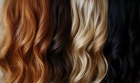 Different shades of long wavy hair strands arranged in rows showing natural hair color variations from copper red through blonde to black. Perfect for beauty salons.