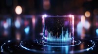 Futuristic holographic data visualization cylinder displaying financial charts and graphs with glowing neon effects against blurred city lights background.