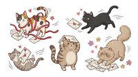 Adorable cats playing with love letters and envelopes, perfect for Valentine's Day greeting cards, romantic designs and pet-themed projects.