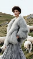 Young mixed race woman in luxurious fluffy wool coat and pleated skirt poses among sheep on green hillside, natural fashion editorial style photography.