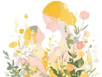 Dreamy feminine silhouette with blonde hair surrounded by delicate spring flowers in soft yellow and pink watercolor style, gentle floral garden composition.