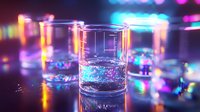 Glass of water with colorful neon lights reflection creating vibrant bokeh effect on dark background, modern nightlife atmosphere for bar and party concepts.