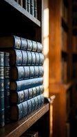 Antique leather-bound books stacked on wooden shelf with warm golden light illuminating spines, creating atmospheric library or study room setting for editorial and design projects.