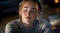 Young Caucasian woman with closed eyes and serene expression wearing cozy gray sweater, soft natural lighting creates peaceful atmosphere for wellness and mindfulness concepts.