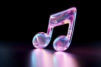 Glowing glass musical note with neon pink and blue colors on dark background, modern artistic visualization for music and sound design projects.
