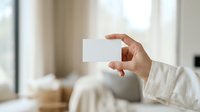 Woman with medium skin tone holding blank white business card in hand, wearing light beige linen shirt, indoor setting with blurred bright background, suitable for corporate branding and business.