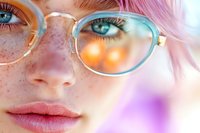 Close up portrait of young woman with freckles wearing stylish glasses, pink hair and bright blue eyes against soft purple and orange bokeh background.