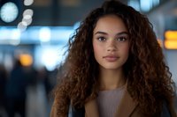 Young mixed race woman with long curly brown hair and natural makeup looking confidently at camera against blurred urban evening background with bokeh lights.