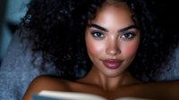 Young African American woman with curly hair and natural makeup looking directly at camera with confident expression for beauty and lifestyle content.