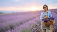 Middle-aged woman with gray hair wearing light blue shirt and beige pants, holding wicker basket filled with purple lavender flowers in expansive blooming field at golden hour sunset, conveying harvest and nature connection.