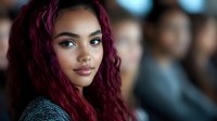 Young mixed race woman with vibrant burgundy curly hair and natural makeup looking confidently at camera, blurred crowd background creates depth and atmosphere.