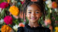 Cheerful African American girl with dreadlocks and bright smile against colorful floral background wearing black ruffled dress, radiating joy and innocence in natural light.