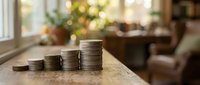 Growing stacks of coins on wooden table with blurred Christmas tree background representing financial growth and holiday savings planning.