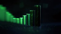 Glowing green bar chart rising against dark background shows business growth and success concept, with dramatic lighting and futuristic design elements.