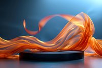 Flowing orange silk fabric gracefully wraps around black cylindrical podium against blue gradient background for luxury product display and presentation.
