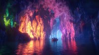 Mystical underground cave with colorful illumination reflecting on water surface. Silhouette of small boat floating through magical grotto with stalactites and ethereal atmosphere.