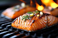 Grilled salmon fillet with fresh dill and garlic on barbecue grill, showing grill marks and caramelized glaze. Flames and bokeh create dramatic cooking atmosphere.