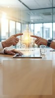 Business hands protecting glowing pyramid with digital icons in modern office environment representing corporate strategy and data security concepts.