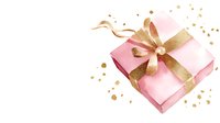 Pink gift box with elegant gold ribbon bow and scattered glitter sparkles on white background, festive celebration design element for holiday season.