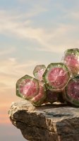 Raw watermelon tourmaline crystals with pink and green zones displayed on weathered stone against soft pastel sky for gemstone and mineral collections.
