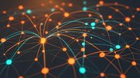 Abstract network visualization with glowing nodes and connecting lines in orange and teal colors representing data connections, technology infrastructure and digital communication systems.