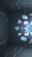 Futuristic digital communication network with glowing blue icons and wireless connectivity symbols on dark technological background for modern tech designs.