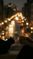 Silhouette of person holding warm beverage by rainy window with bokeh city lights and bokeh background, cozy autumn or winter evening atmosphere.