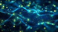 Abstract digital wave landscape with glowing blue and green particles creating futuristic network visualization for technology backgrounds.