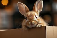 Adorable brown bunny rabbit with long ears peeking out from cardboard box against dark background with bokeh lights, showing curious expression and fluffy fur.