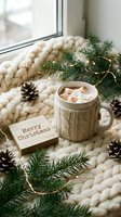 Cozy Christmas flat lay with hot cocoa and marshmallows in a knit mug cozy, pine cones, fir branches, fairy lights on chunky wool blanket.
