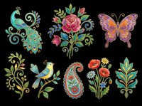 Ornamental peacock, floral bouquet, butterfly, decorative bird, paisley motif, and botanical leaf designs isolated on transparent background, ready for t-shirt designs, clipart, stickers, sublimation, and print-on-demand products.