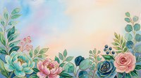 Watercolor floral border with roses, peonies, and eucalyptus leaves on a soft pastel gradient background, perfect for cards and invitations.