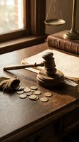 Wooden gavel with coins and legal documents on vintage desk with scales of justice in warm sunlight for law office and legal services concepts.
