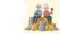 Senior couple sitting on stacks of gold and silver coins planning retirement savings and financial security for golden years.