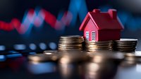 Red miniature house model sitting on stacks of golden coins with blurred financial charts in background representing real estate investment growth.