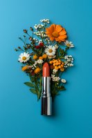 Creative flat lay composition with coral lipstick and wildflowers including daisies, marigolds and baby's breath against vibrant turquoise background for beauty and cosmetics.