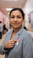 Professional Hispanic woman healthcare worker wearing pink breast cancer awareness ribbon in hospital corridor supporting medical charity campaign.