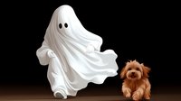Playful Halloween scene with white ghost figure floating beside small brown Yorkshire terrier puppy on dark background, spooky yet cute holiday decoration concept.