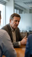 Middle-aged Caucasian male professional in business casual attire engaged in discussion with colleagues at wooden conference table in modern office setting with glass partitions.