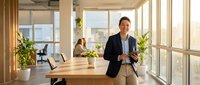 Professional Asian businesswoman in modern office space with natural lighting and plants, corporate executive portrait for business presentations.
