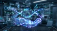 Digital DNA double helix with glowing data streams and holographic interface elements for biotechnology and genetic research applications.