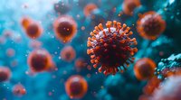 Microscopic view of red virus cells floating in blue fluid background with selective focus on central spherical pathogen structure with protein spikes.