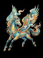Ornate winged horse with flowing mane and tail in gold, teal, and orange hues. Isolated on transparent background, ready for t-shirts, clipart, stickers, sublimation, and print-on-demand designs.