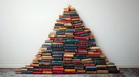 Creative pyramid made from stacked vintage books against white wall, forming geometric triangle shape with multicolored book spines and pages. Artistic library concept.