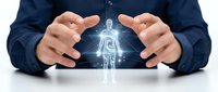 Person with hands protecting glowing digital human figure, representing healthcare technology, medical innovation, and digital wellness solutions for business and medical industries.