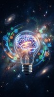 Glowing lightbulb containing illuminated brain surrounded by colorful technology icons and orbiting gears against cosmic galaxy background. Represents innovation, artificial intelligence, creativity, and smart solutions for business and science applications.