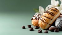 Fresh baked eclairs with chocolate glaze and coconut coating alongside dark chocolate pieces on mint green background for bakery menu design.